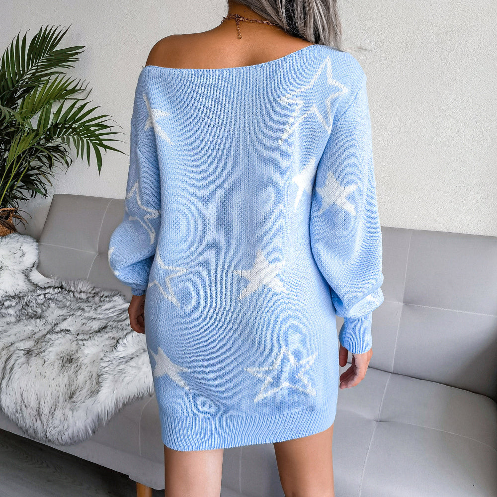 Star Print Waffle Knit Long Sleeve Sweater Dress