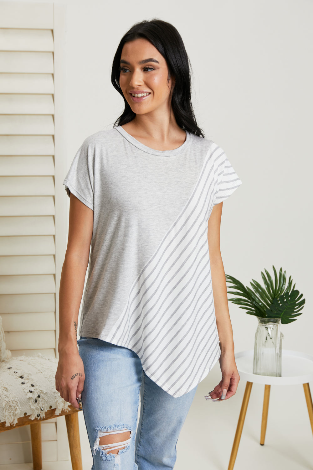 Sew In Love Spoonful of Sugar Full Size Striped Color Block Tee in Grey