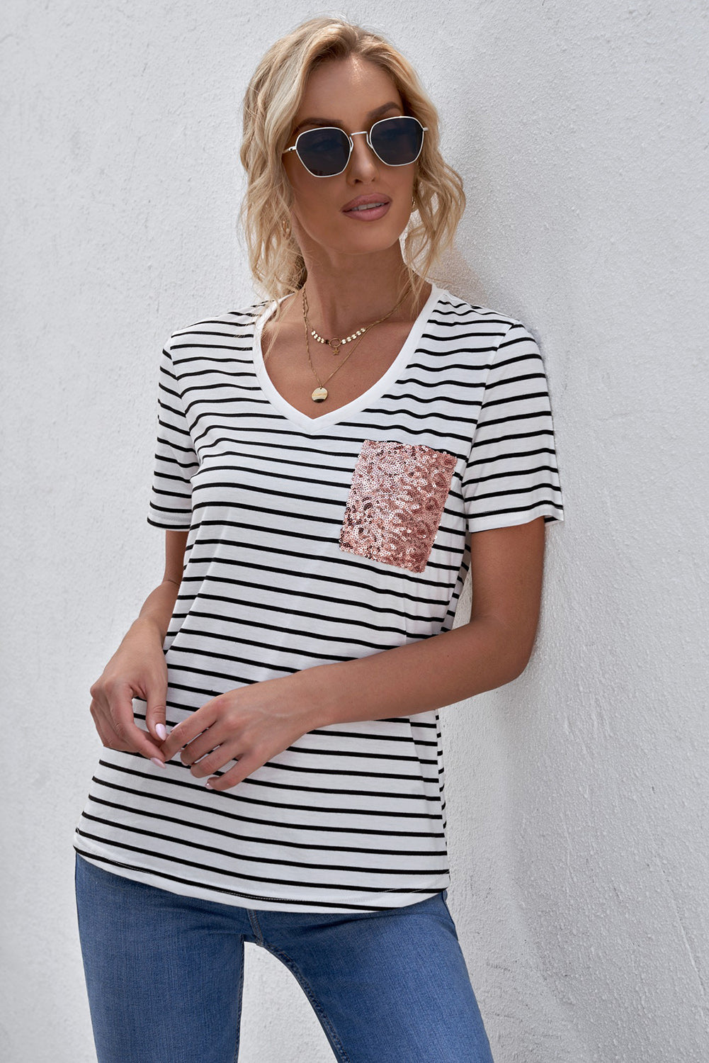 Striped Sequin Patch V-Neck Tee