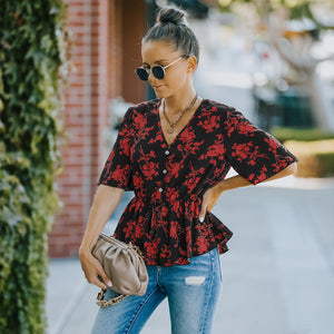 Floral V-Neck Peplum Blouse