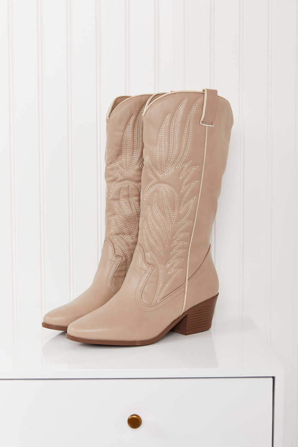 Qupid Mountain Fever Mid-Calf Cowboy Boots in Taupe