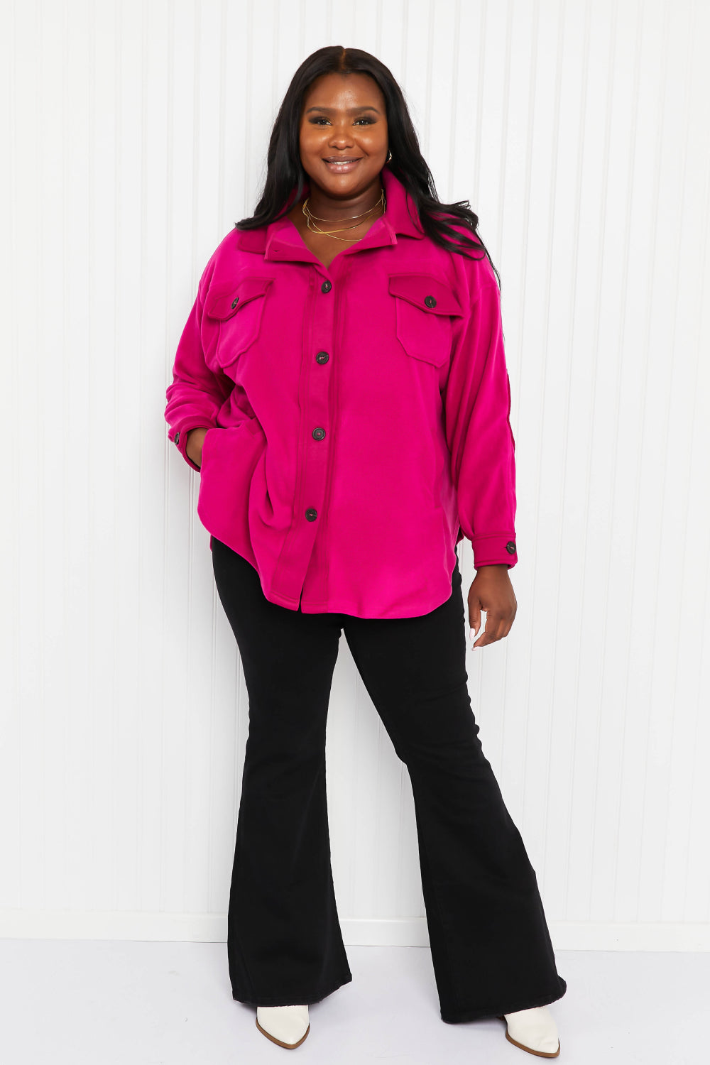 Zenana Cozy in the Cabin Full Size Fleece Elbow Patch Shacket in Magenta