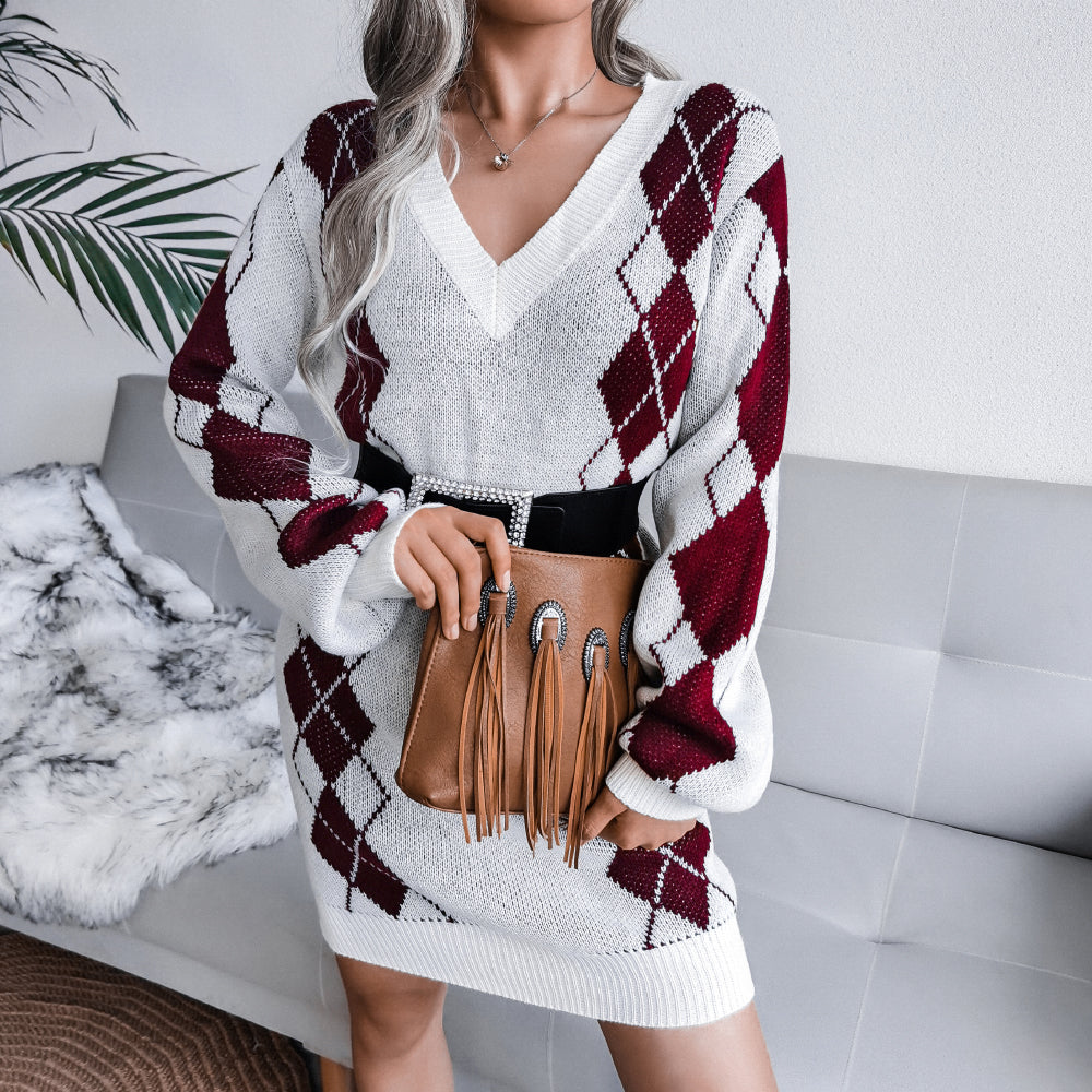 Argyle Two-Tone V-Neck Sweater Dress (Belt Not Included)