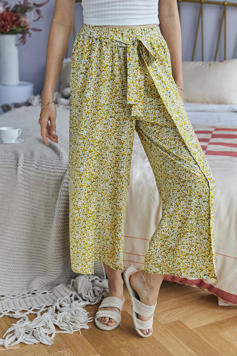 Dainty Floral Tie Waist Wide Leg Pants