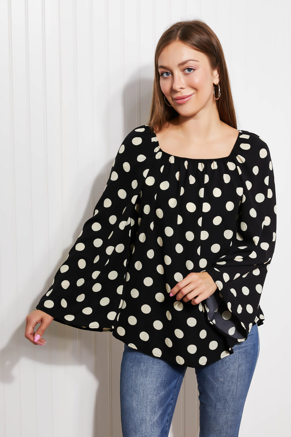 CY Fashion Polka Dot Party Full Size Bell Sleeve Blouse