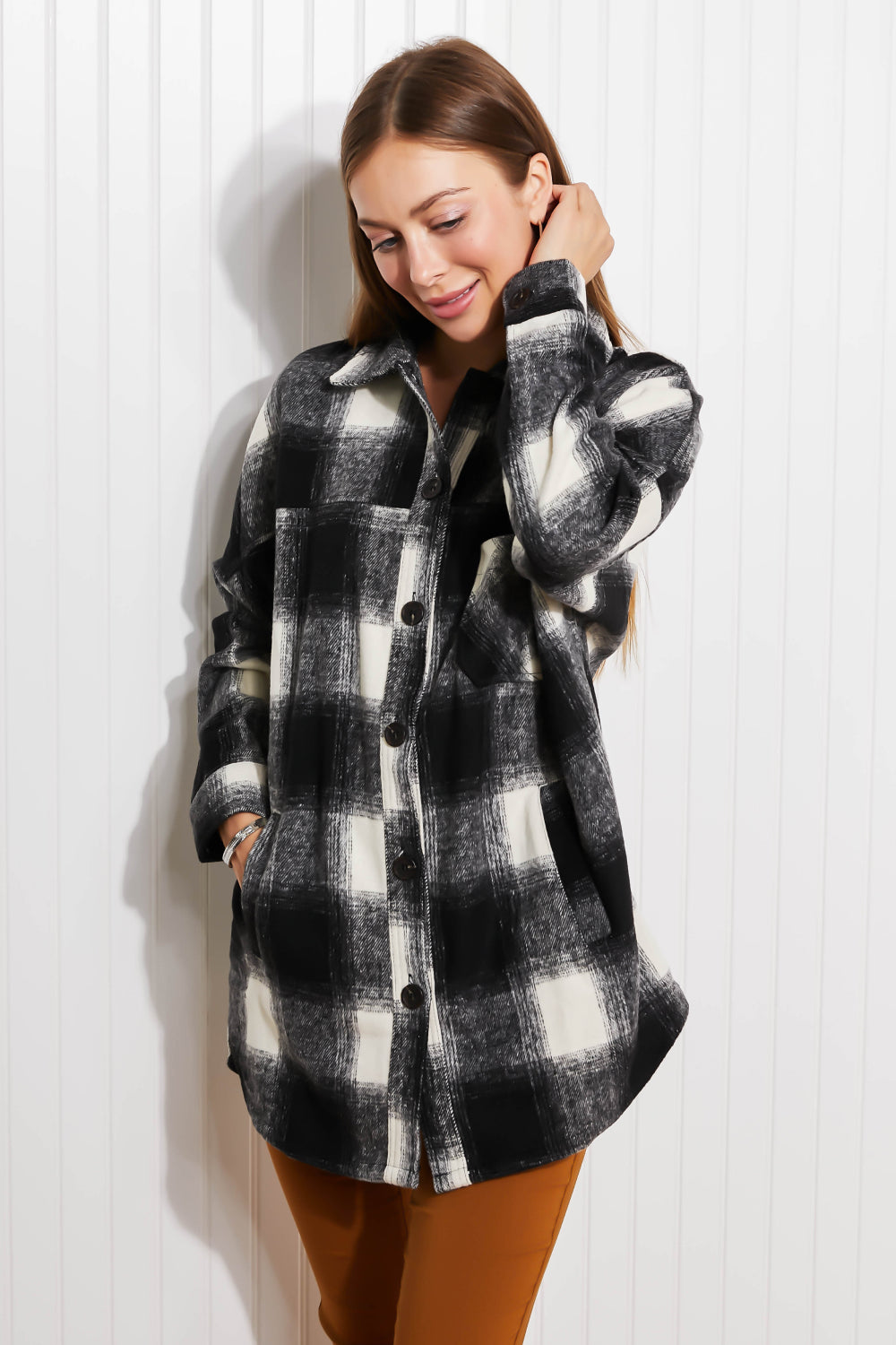 Zenana Autumn Evening Full Size Plaid Longline Shacket