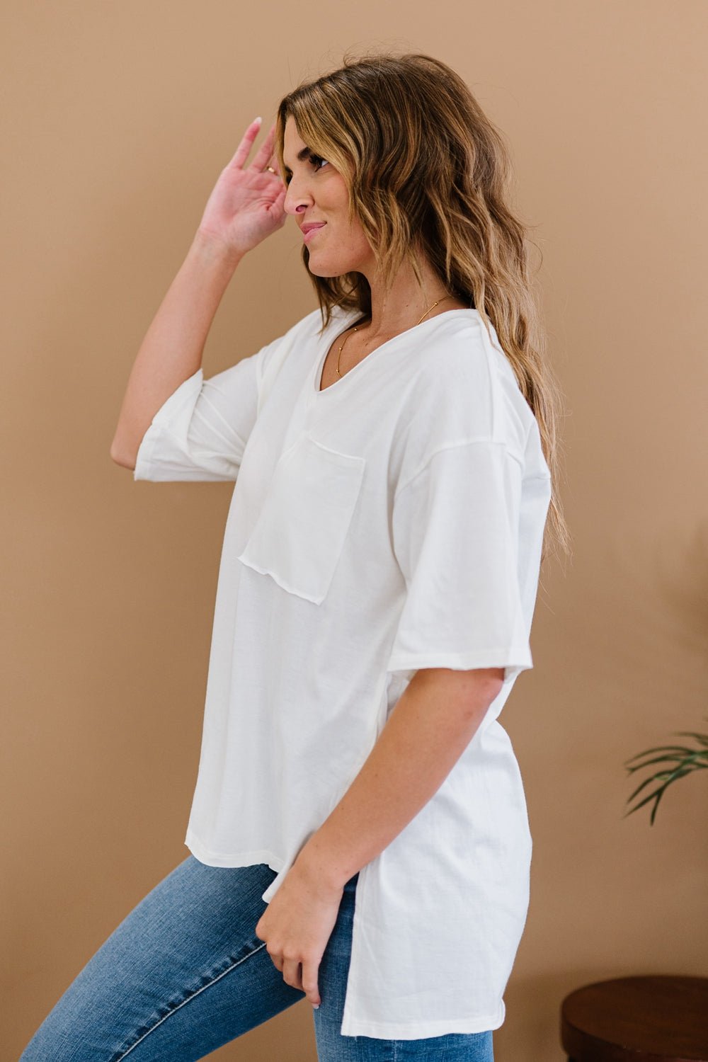 Zenana All-Nighter Full Size Run High-Low V-Neck Tee in Ivory