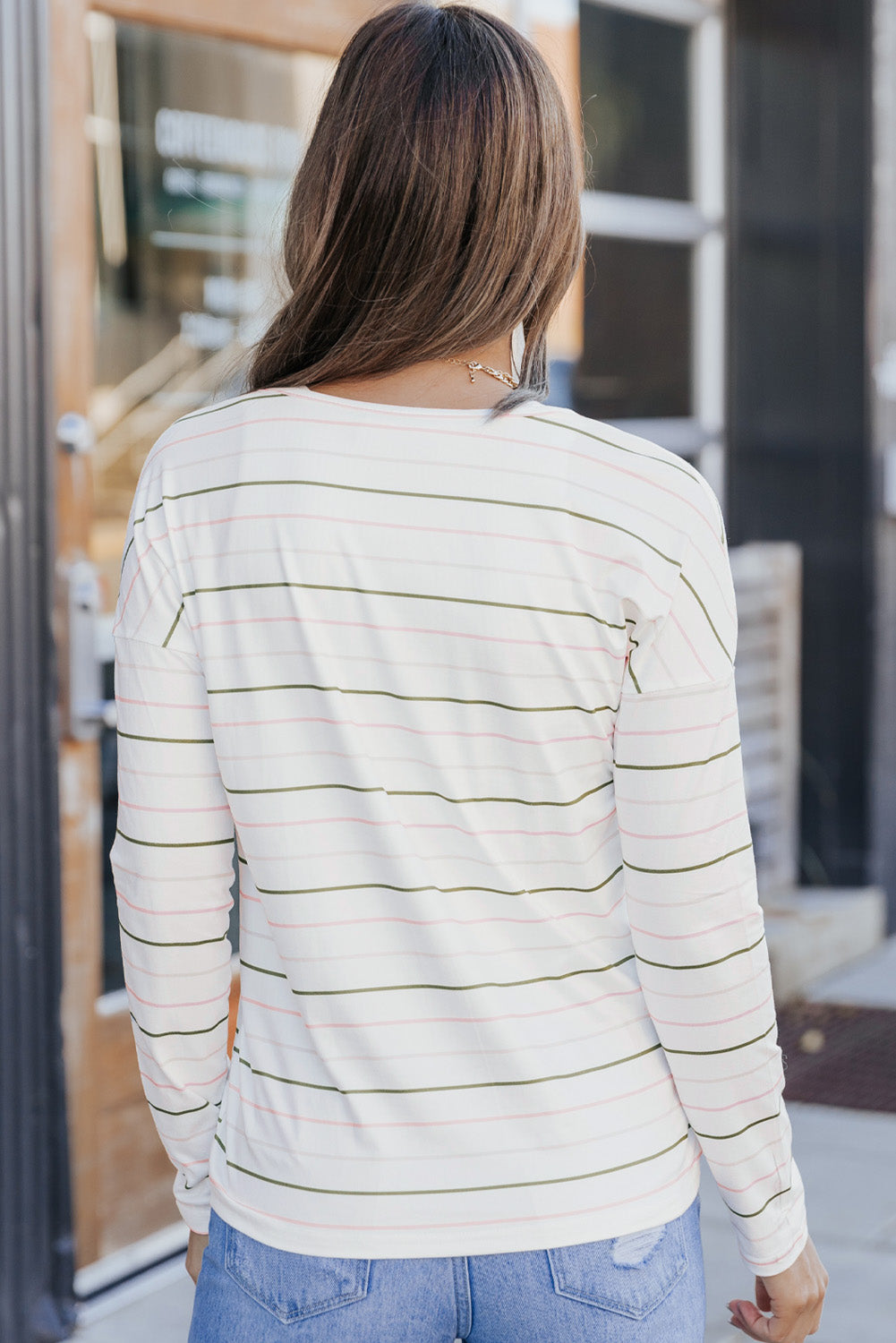 Striped Dropped Shoulder V-Neck Top