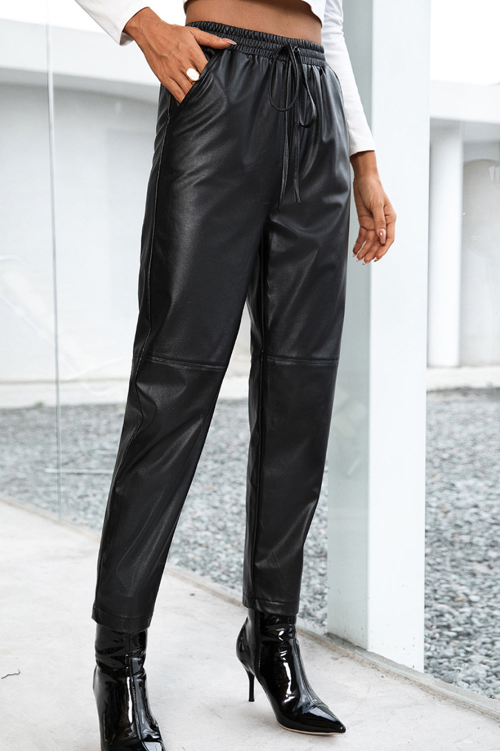 Seamed Elastic Waist PU Leather Pants