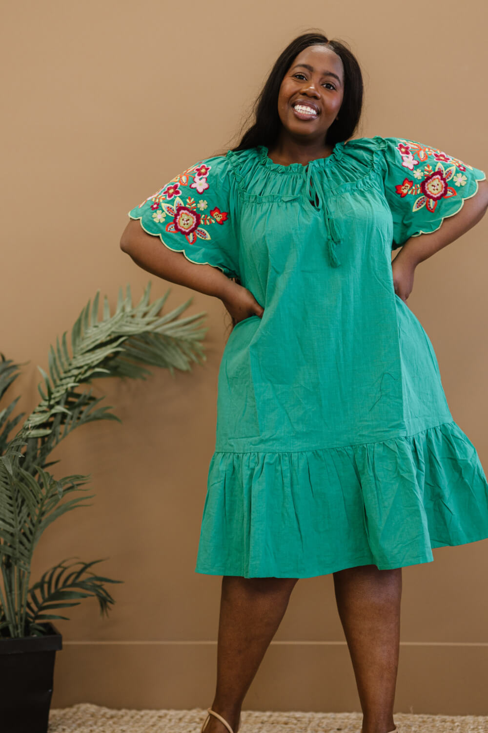 Davi & Dani Flowers for You Full Size Embroidered Dress in Green