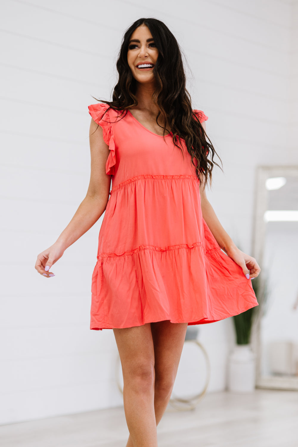 Zenana Call Me Later Full Size Tiered Mini Dress in Deep Coral