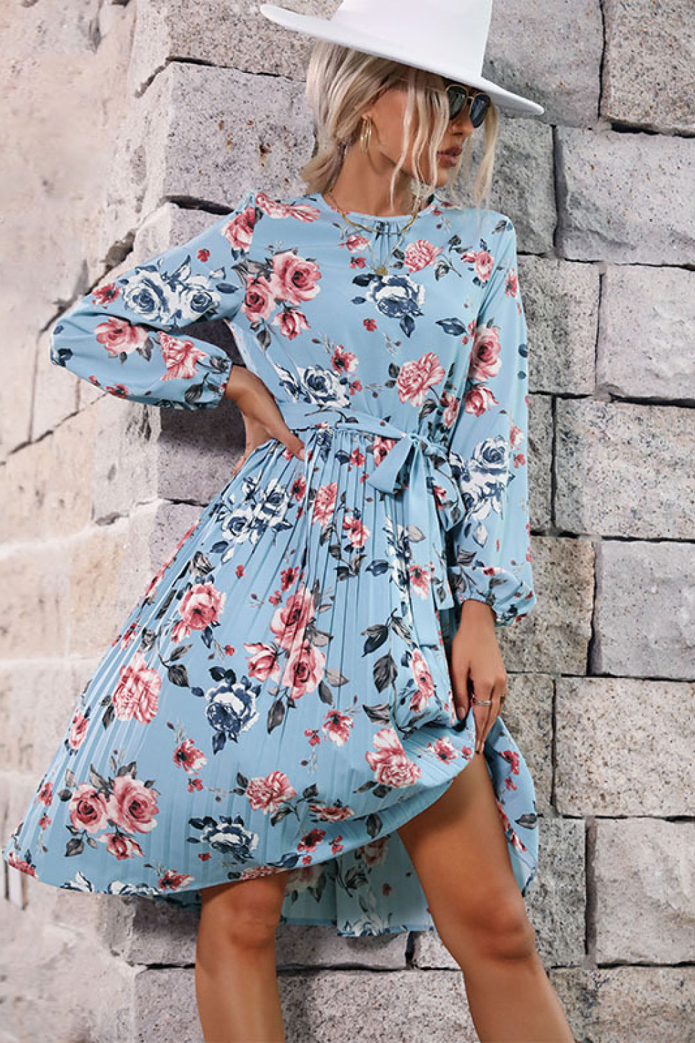 Floral Balloon Sleeve Pleated Midi Dress