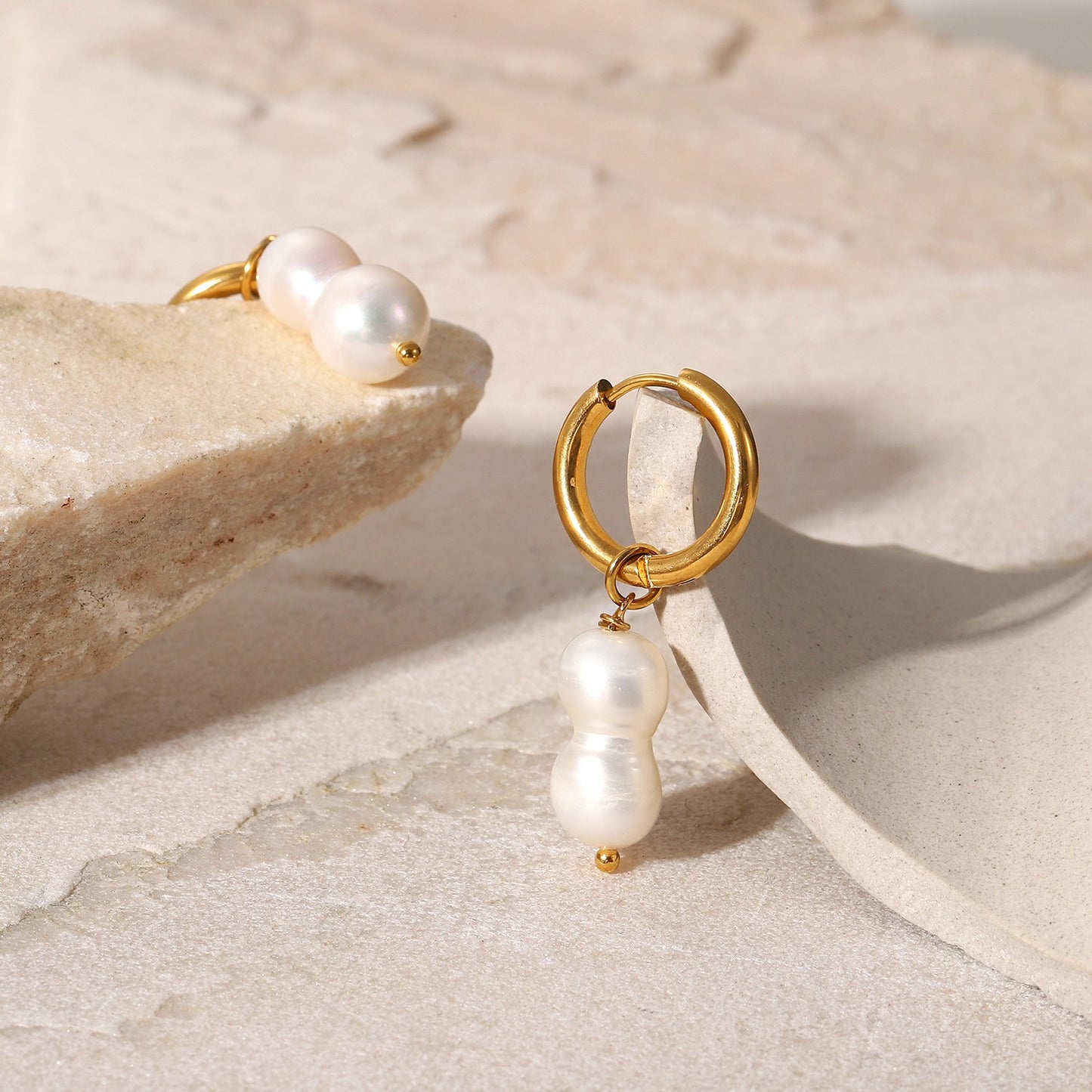 Double Pearl Pendant Huggie Hoop Earrings