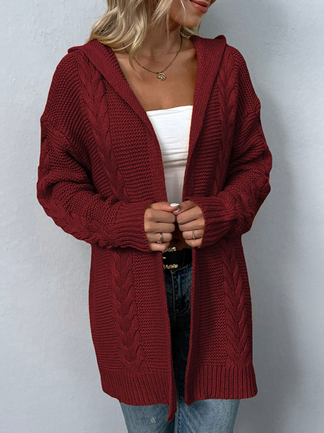 Cable-Knit Longline Hooded Cardigan