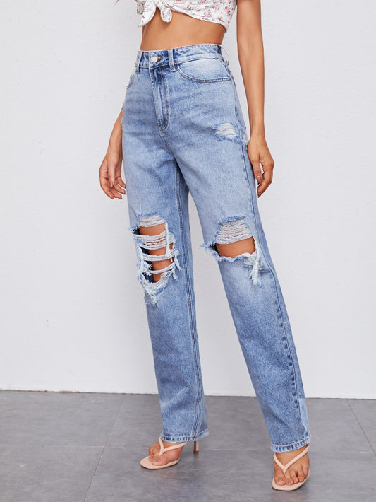 High-Waisted Distressed Straight Leg Jeans with Pockets