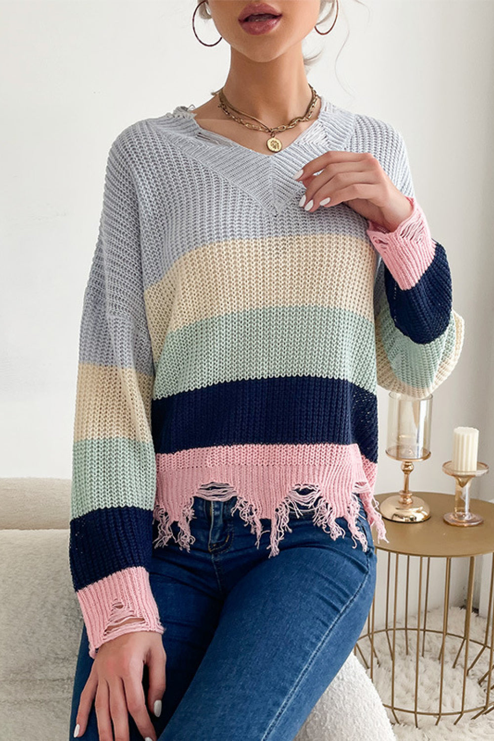 Color Block Distress embroidered Sweater