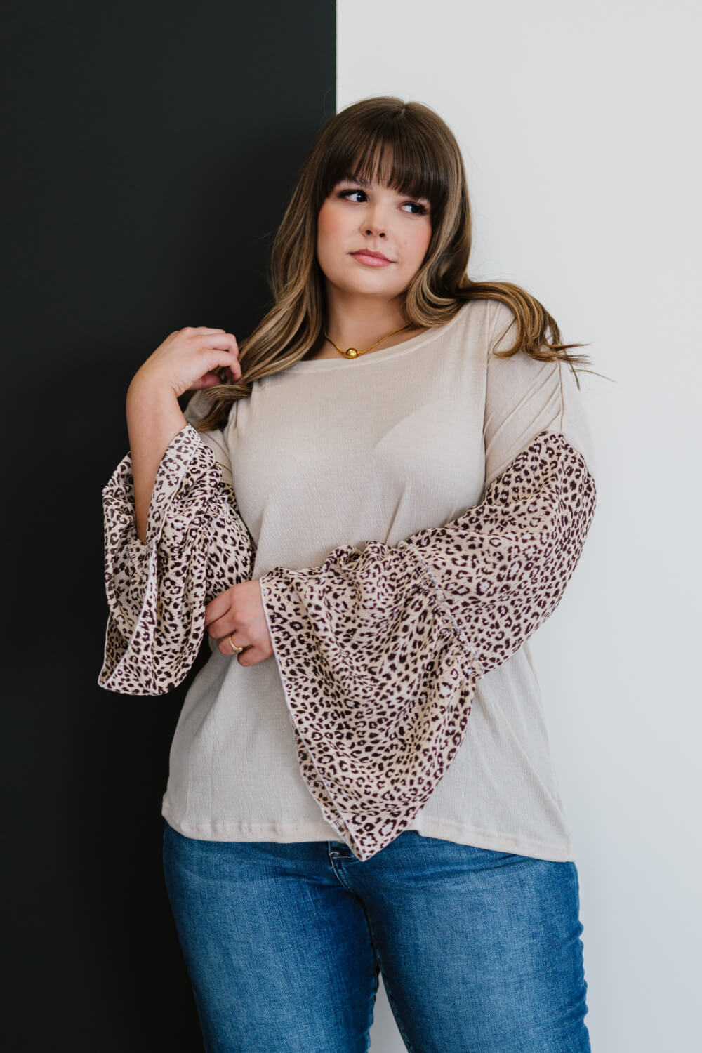 AMOLI Aspire to Inspire Full Size Run Leopard Bell Sleeve Top