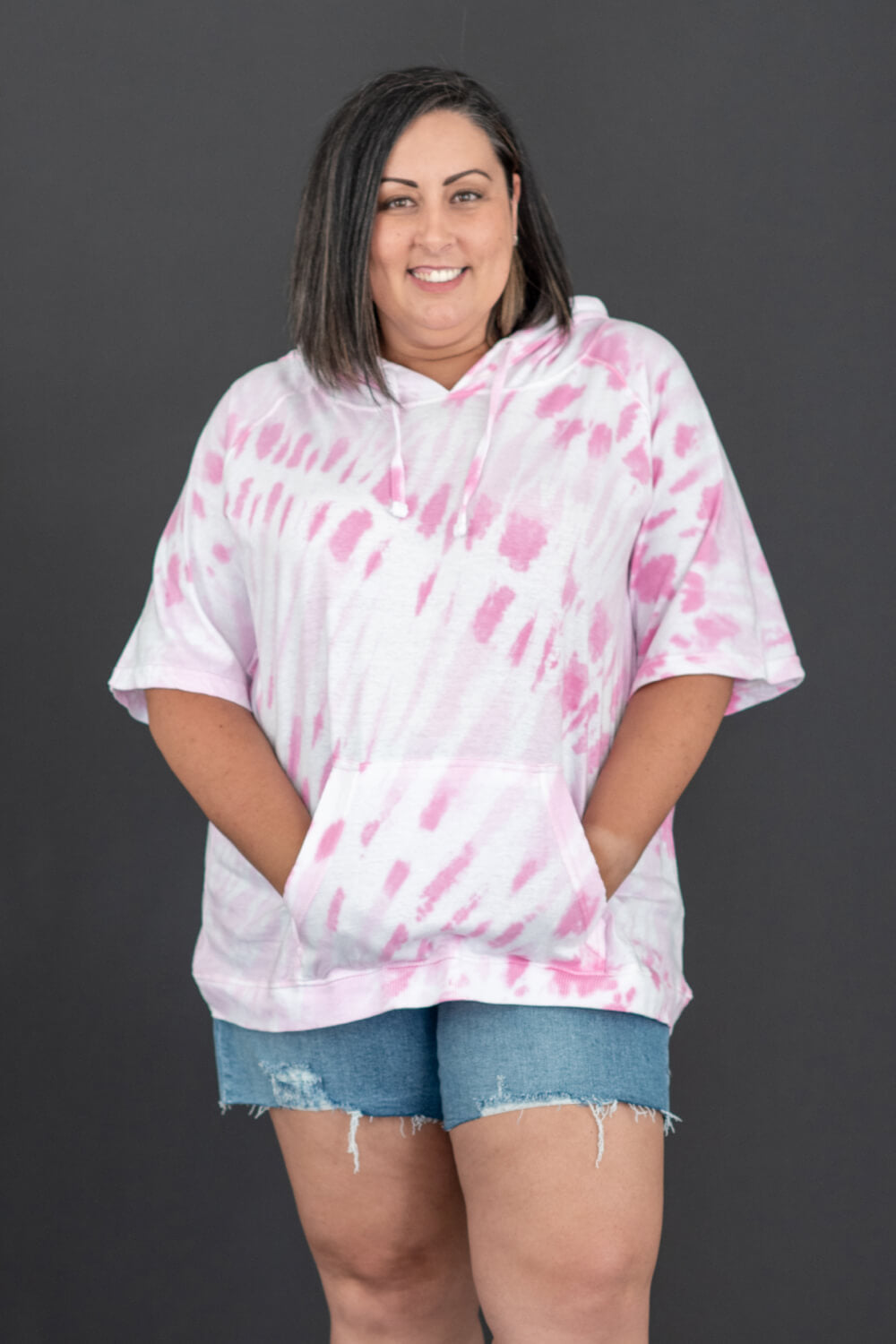 Sew In Love Watching Clouds Full Size Run Tie-Dye Short-Sleeved Hoodie in Neon Pink