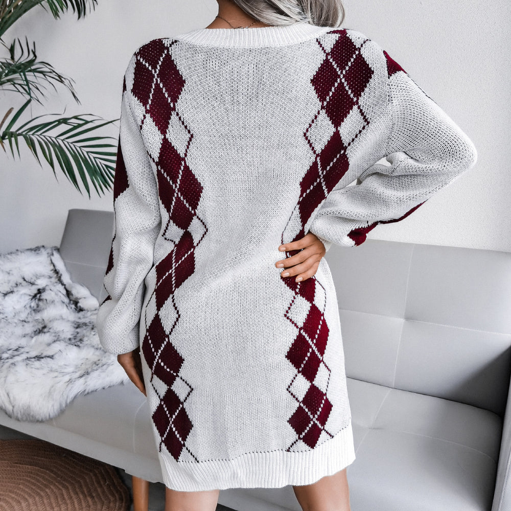 Argyle Two-Tone V-Neck Sweater Dress (Belt Not Included)