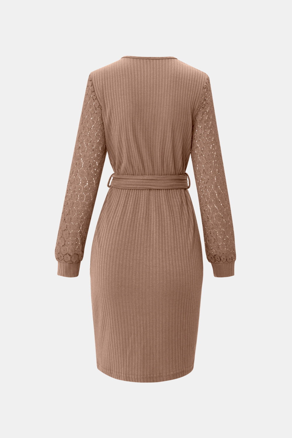 Belted Lace Sleeve Ribbed Surplice Dress