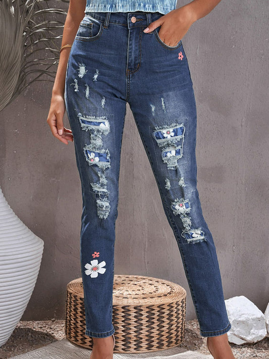 Floral Leopard Print Patchwork Distressed High Waist Jeans