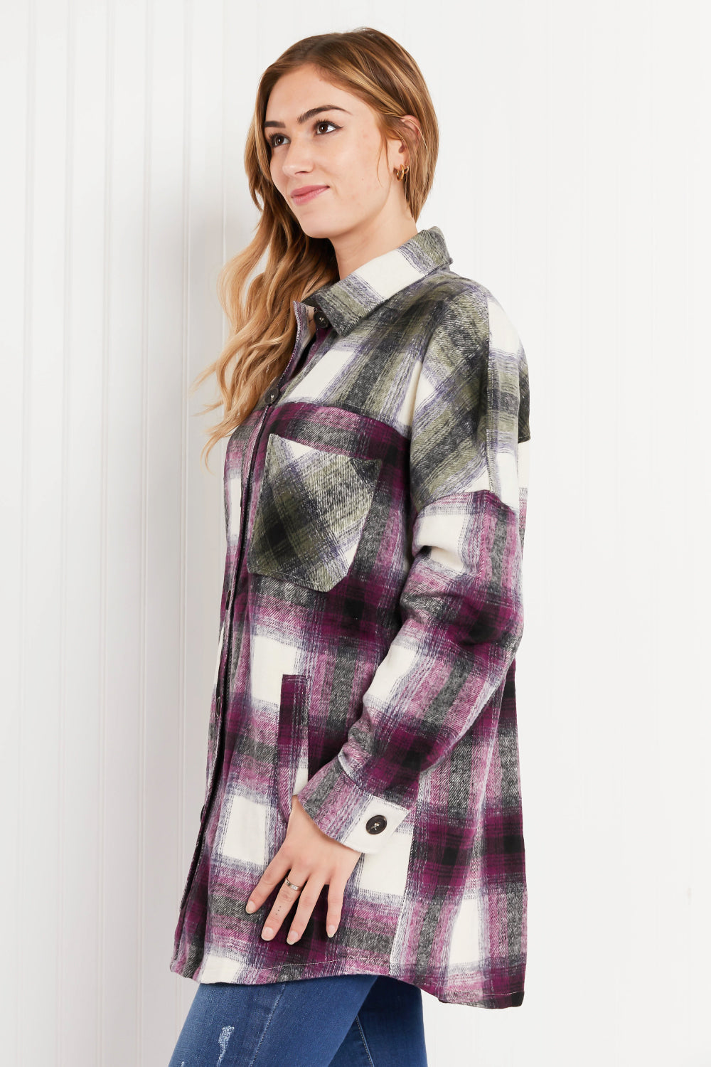 Zenana Colors of Autumn Full Size Plaid Shacket in Eggplant/Olive