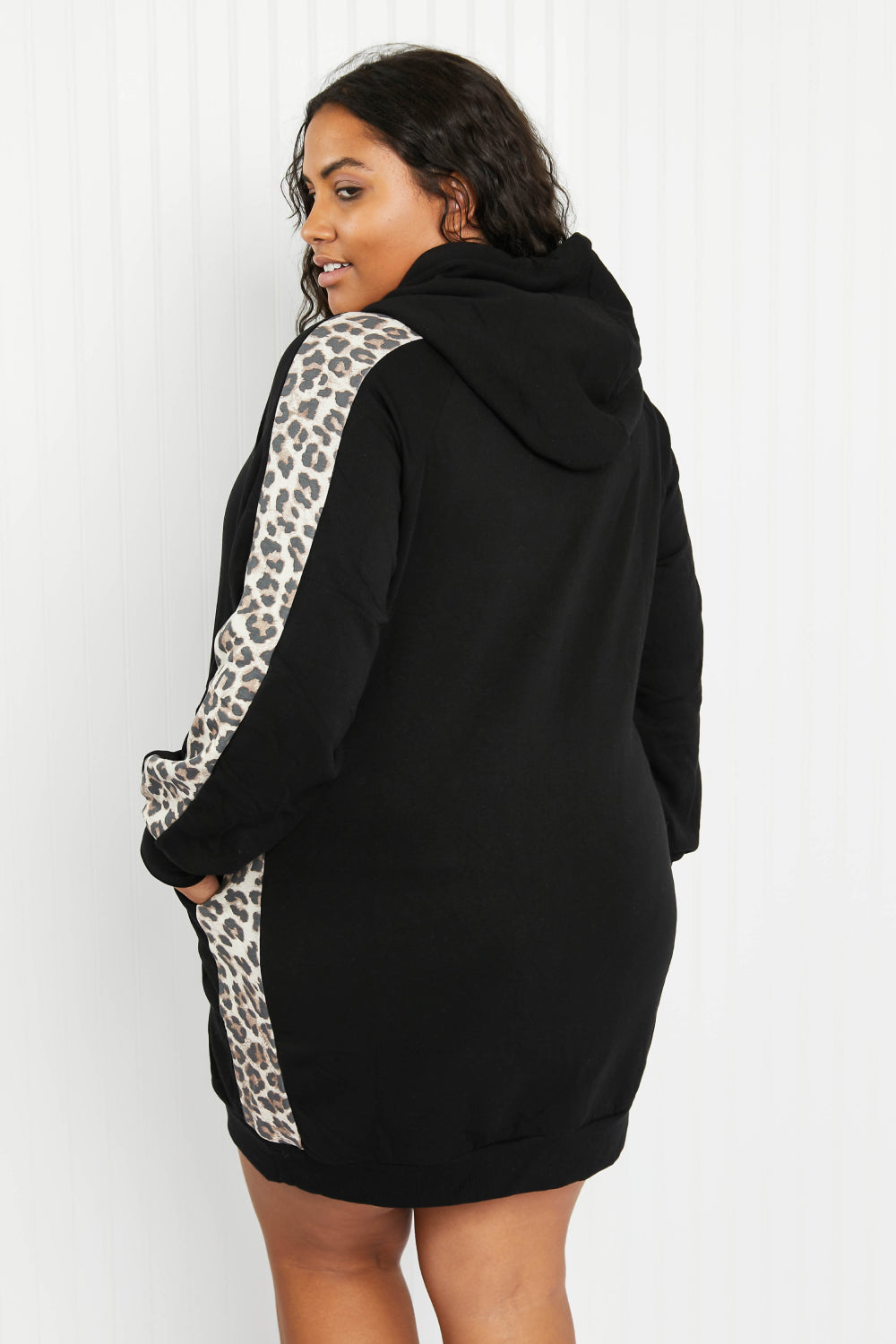 Zenana Cocoa For Two Full Size Leopard Panel Hoodie Dress