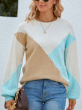 Color Block Round Neck Lantern Sleeve Sweater