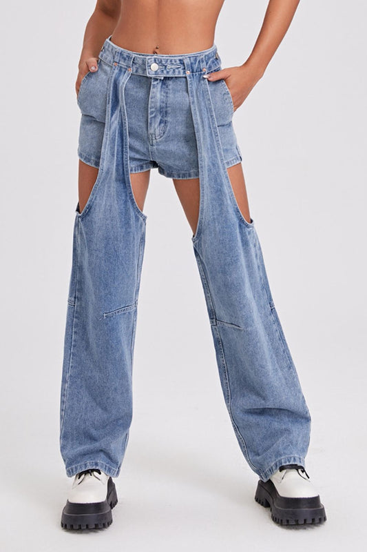 Straight Leg Detachable Jeans with Pockets