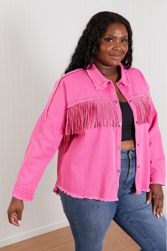 GeeGee Southwest Full Size Rhinestone Fringe Detail Shirt Jacket