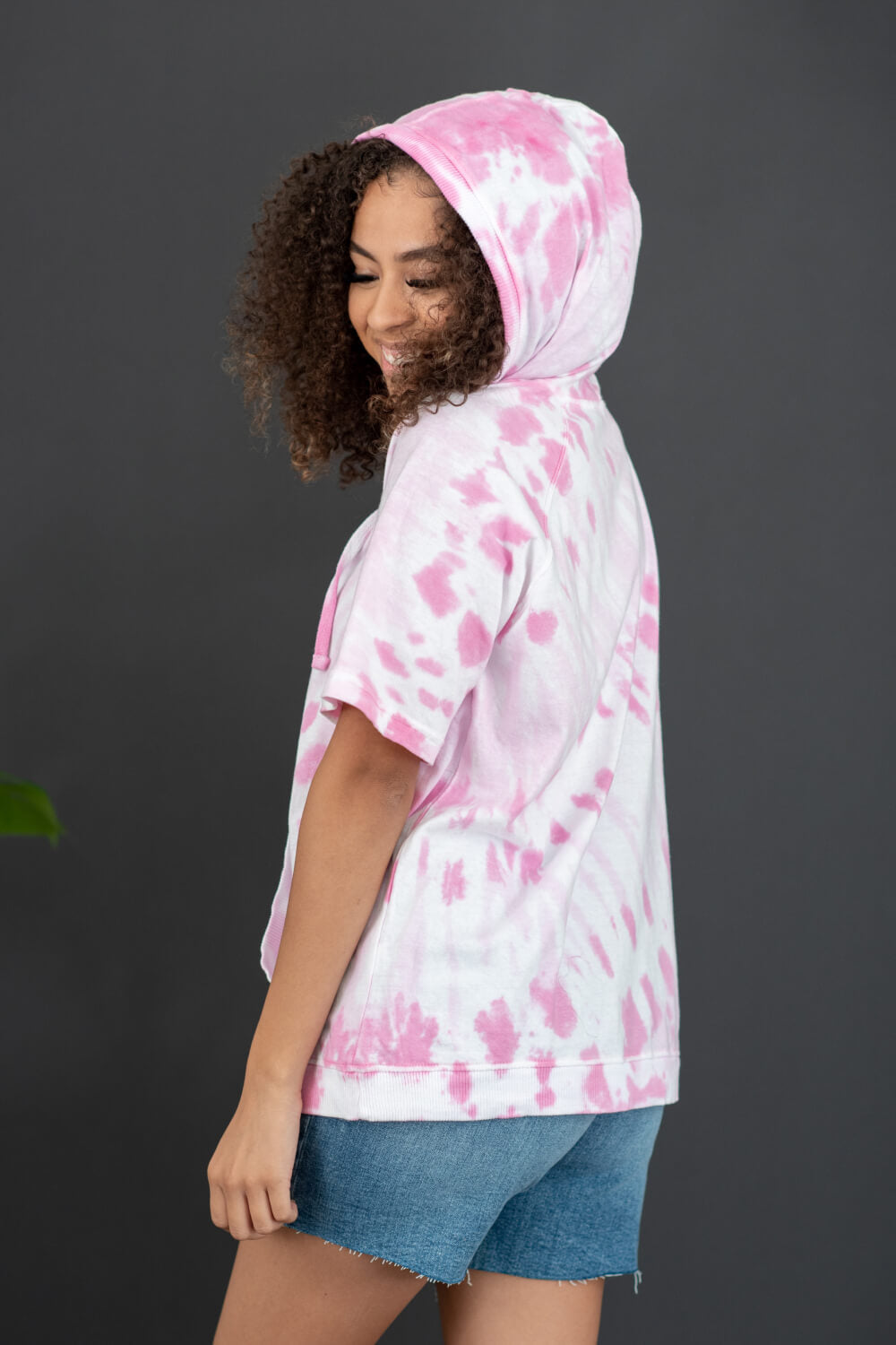 Sew In Love Watching Clouds Full Size Run Tie-Dye Short-Sleeved Hoodie in Neon Pink