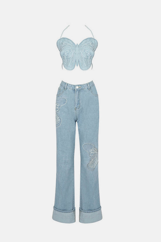 Butterfly Halter Neck Denim Top and Jeans Set