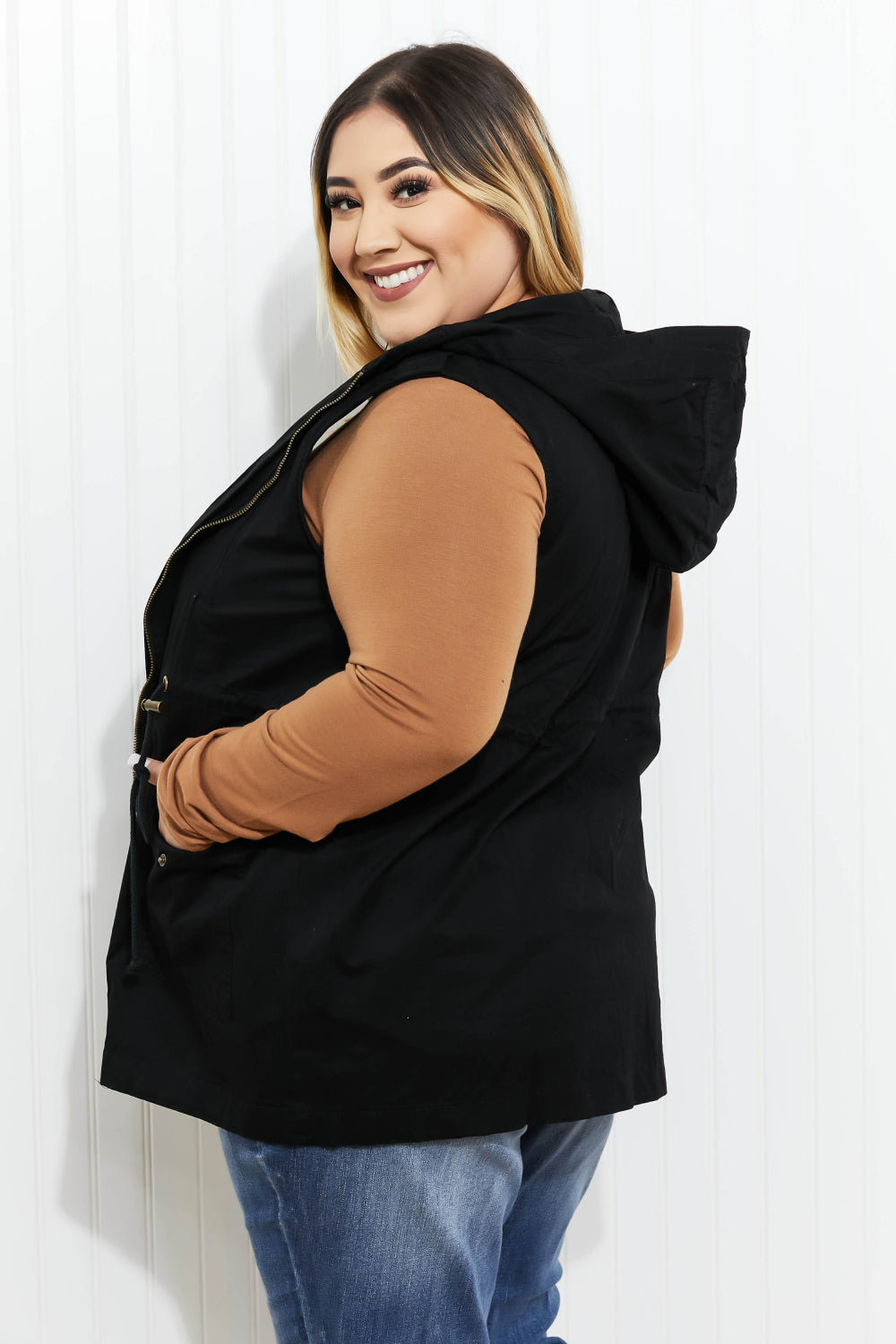 Zenana Autumn Vibes Full Size Hooded Vest in Black