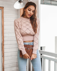 Openwork Ribbed Trim Long Sleeve Cropped Sweater