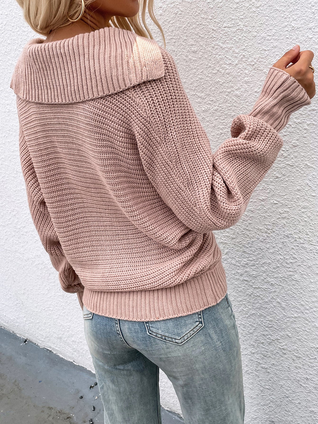 Collared Lantern Sleeve Rib-Knit Sweater