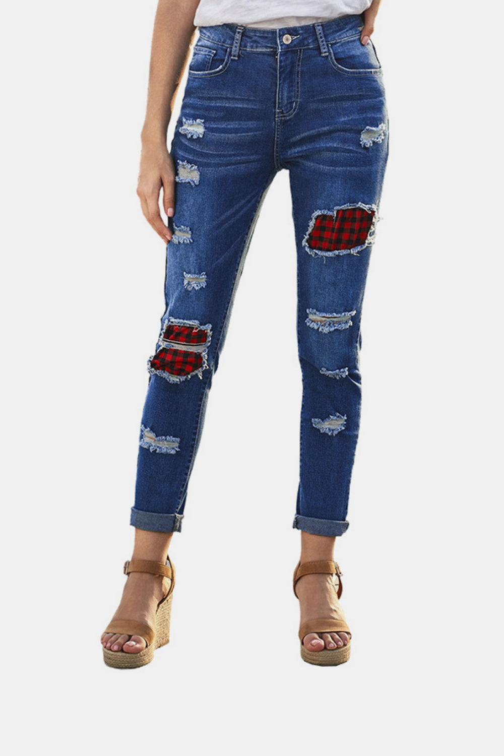 Buffalo Plaid Lined Ripped Jeans