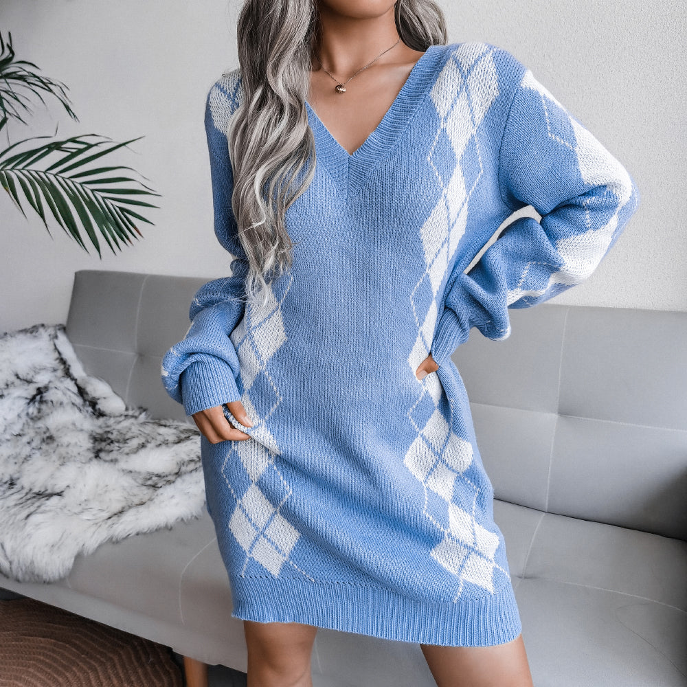 Argyle Two-Tone V-Neck Sweater Dress (Belt Not Included)