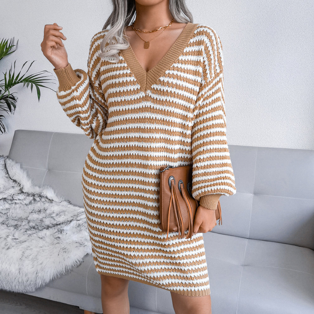 Striped Lantern Sleeve Mini Sweater Dress