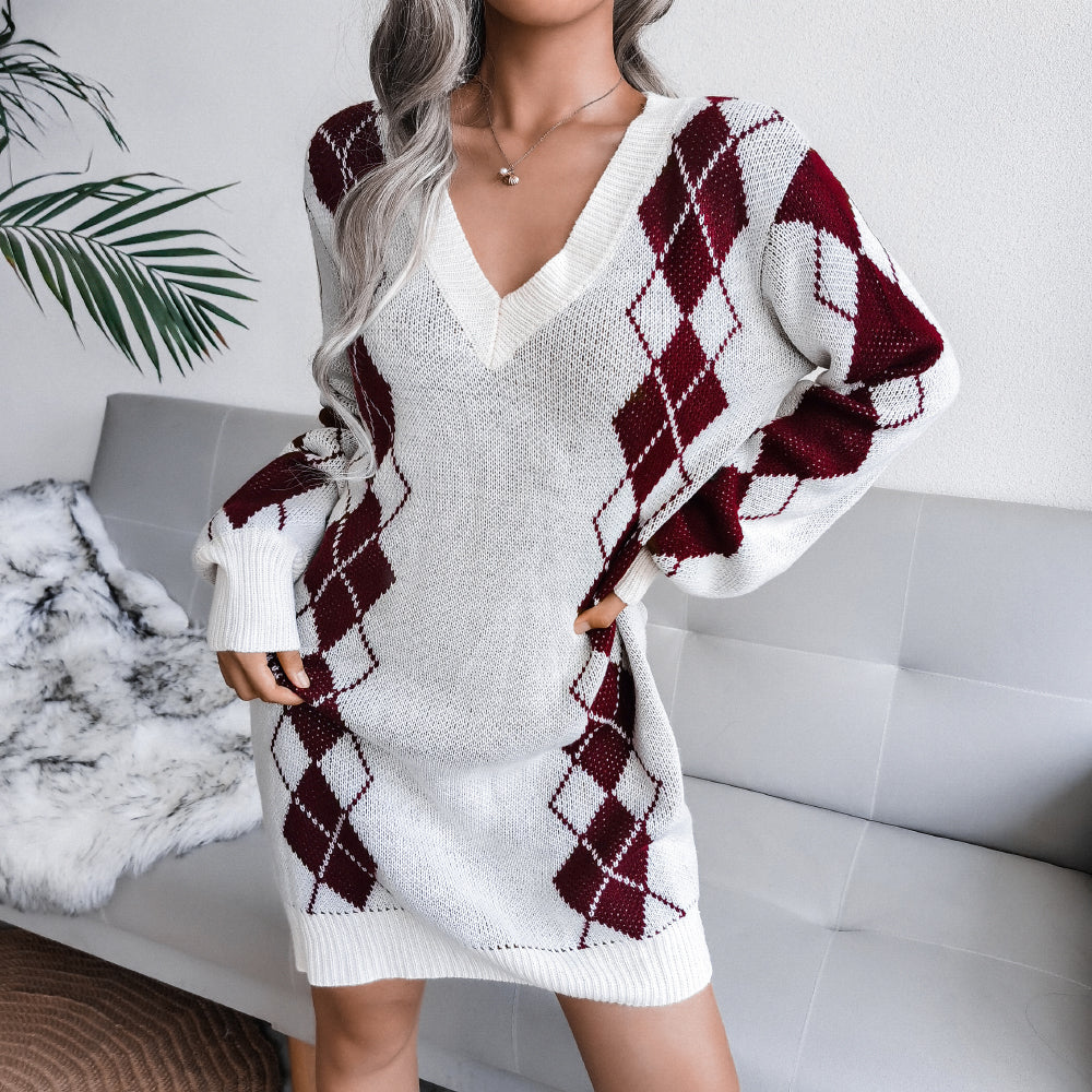 Argyle Two-Tone V-Neck Sweater Dress (Belt Not Included)