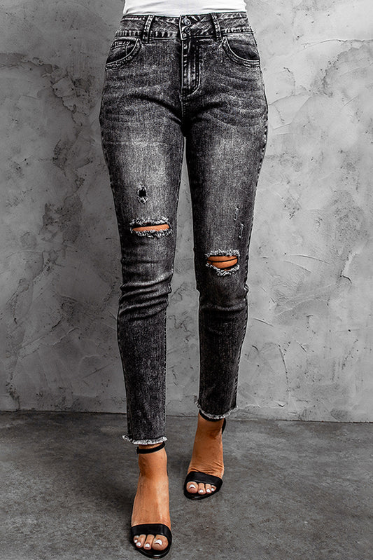 Acid Wash Raw Hem Distressed Jeans