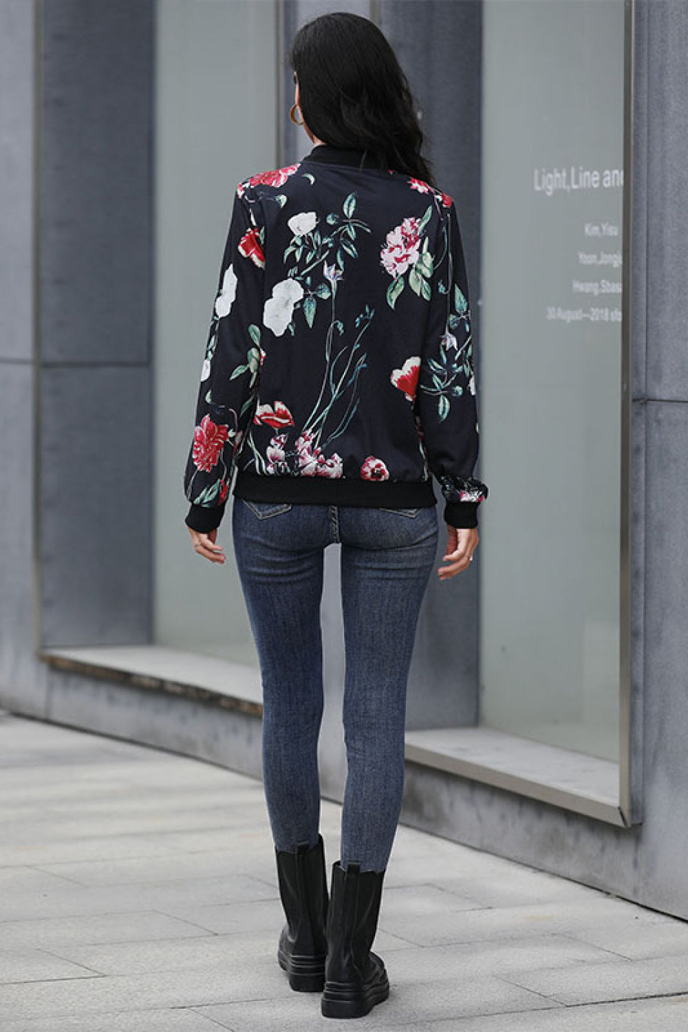 Floral Ribbed Trim Bomber Jacket