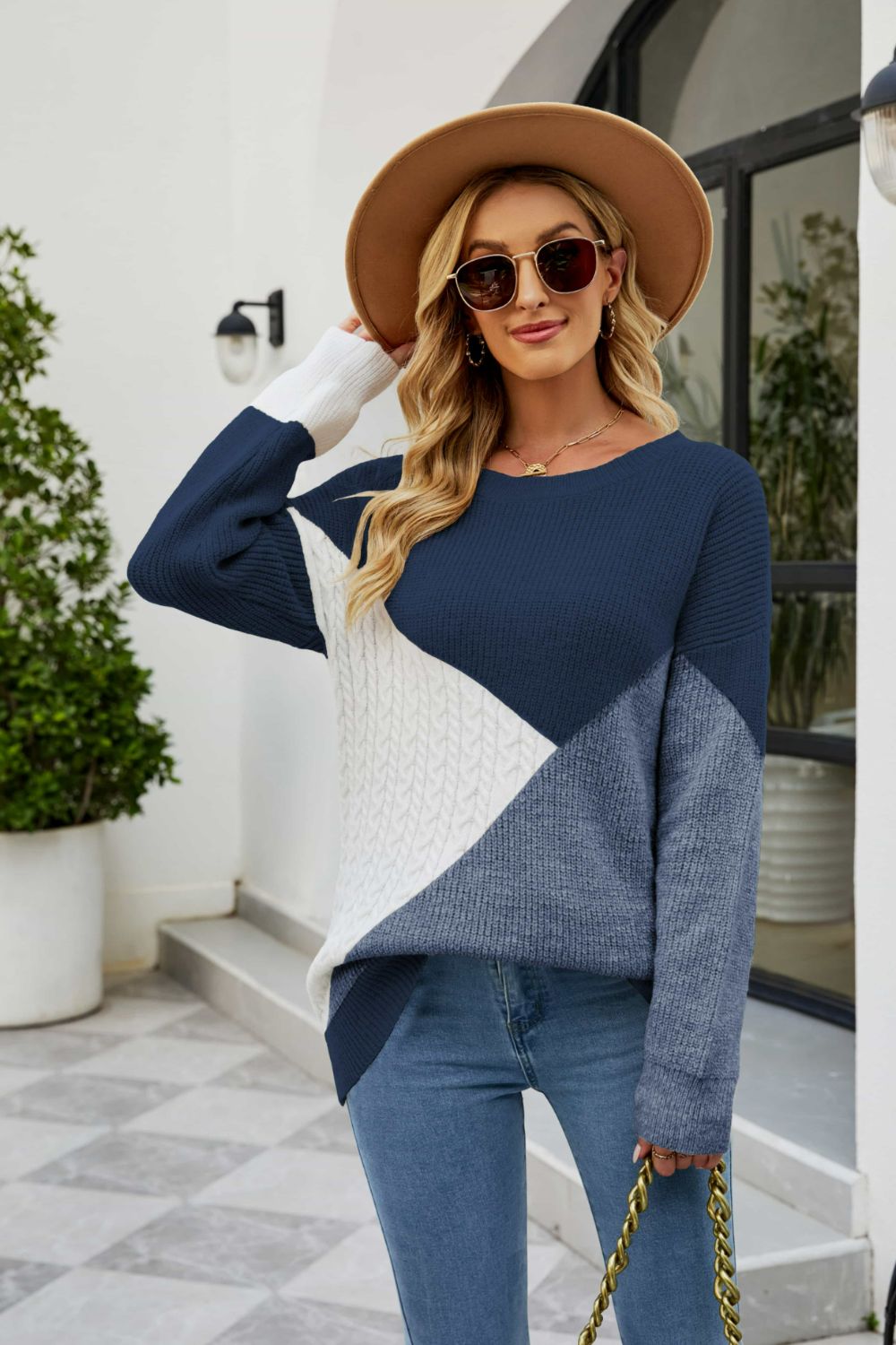 Color Block Rib-Knit Round Neck Sweater