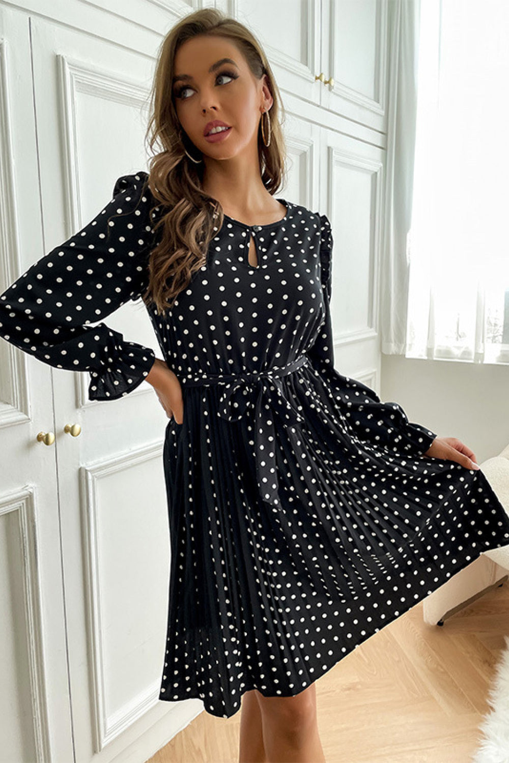 Polka Dot Tie Waist Pleated Dress