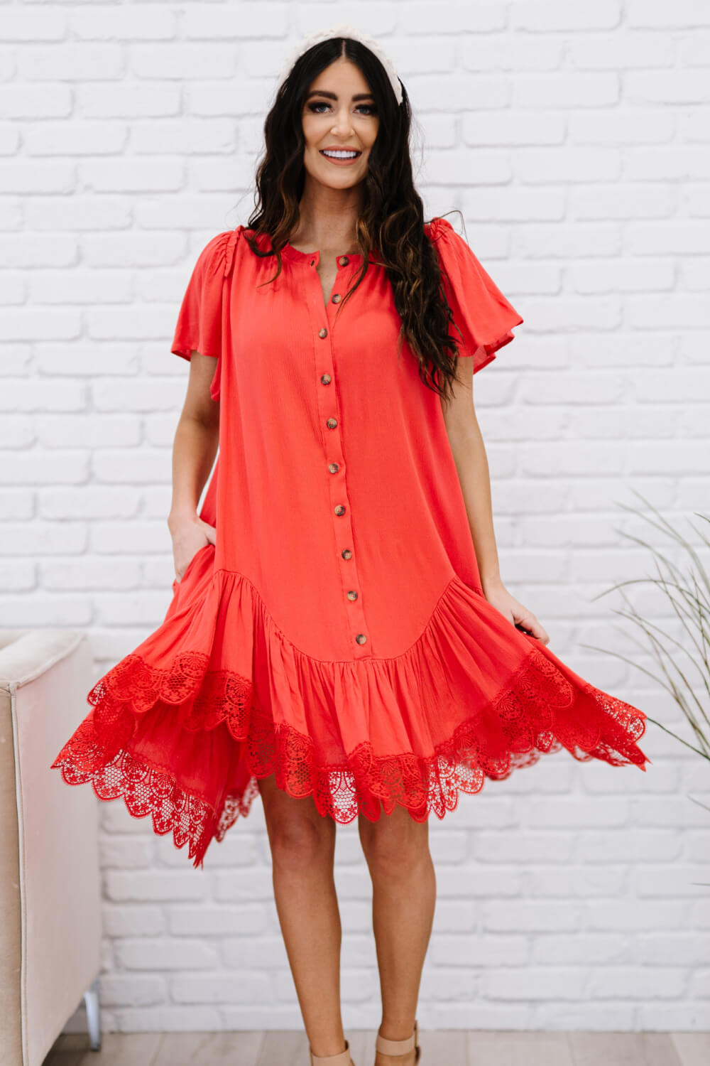 Davi & Dani Fly with Me Full Size Button Down Ruffle Dress