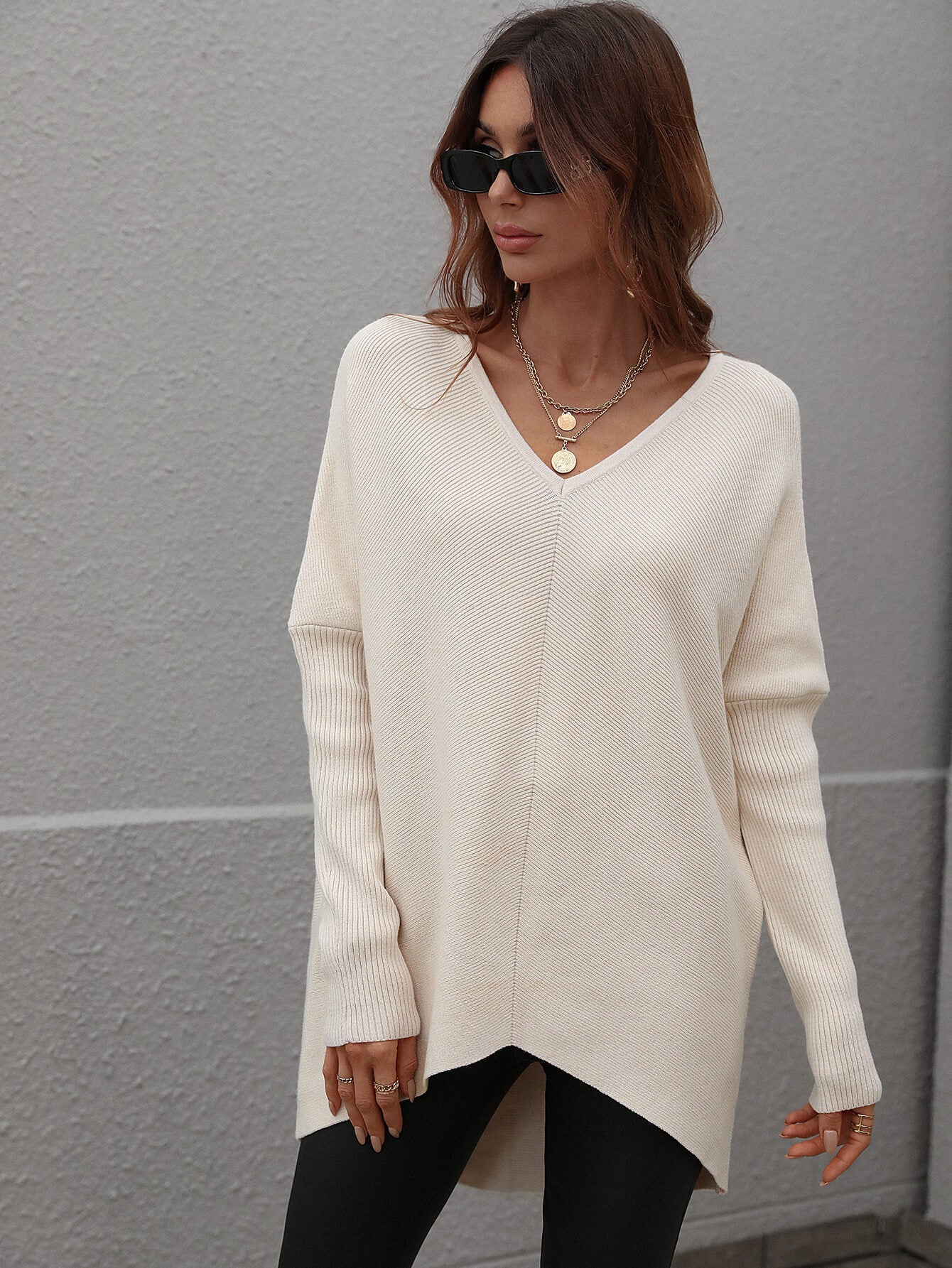 Ribbed V-Neck Open Back Tunic Sweater