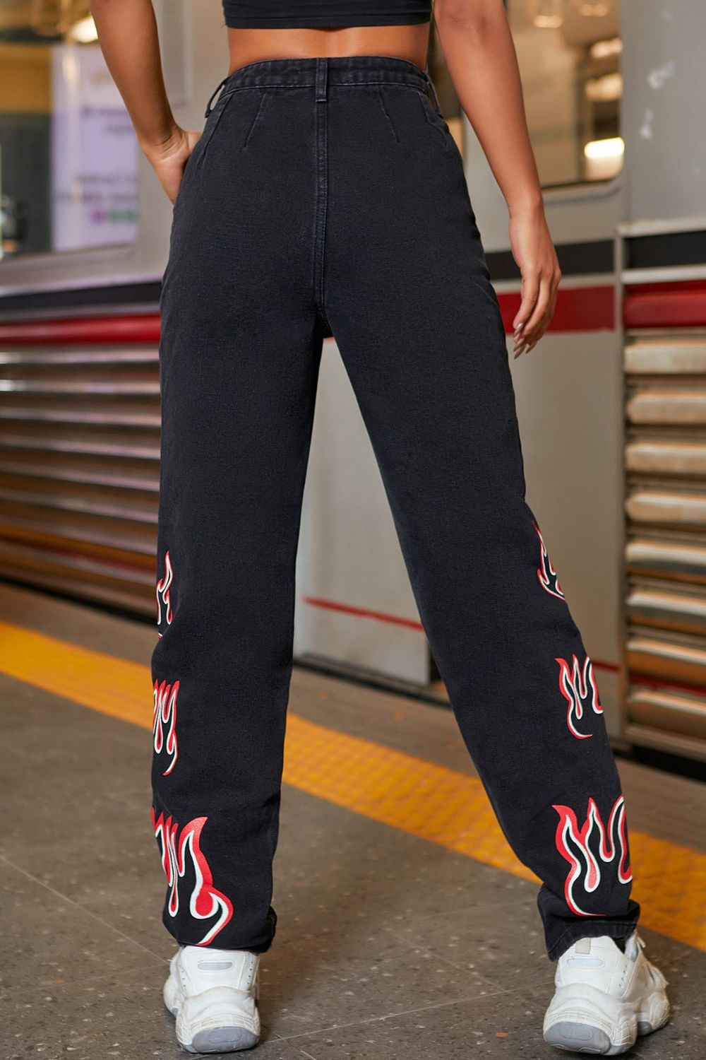 Flame Graphic Straight Leg Jeans with Pockets