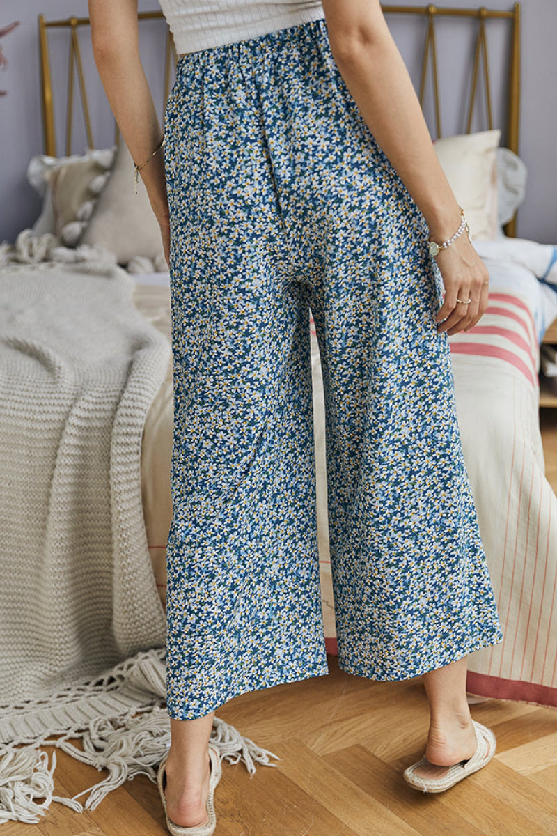 Dainty Floral Tie Waist Wide Leg Pants