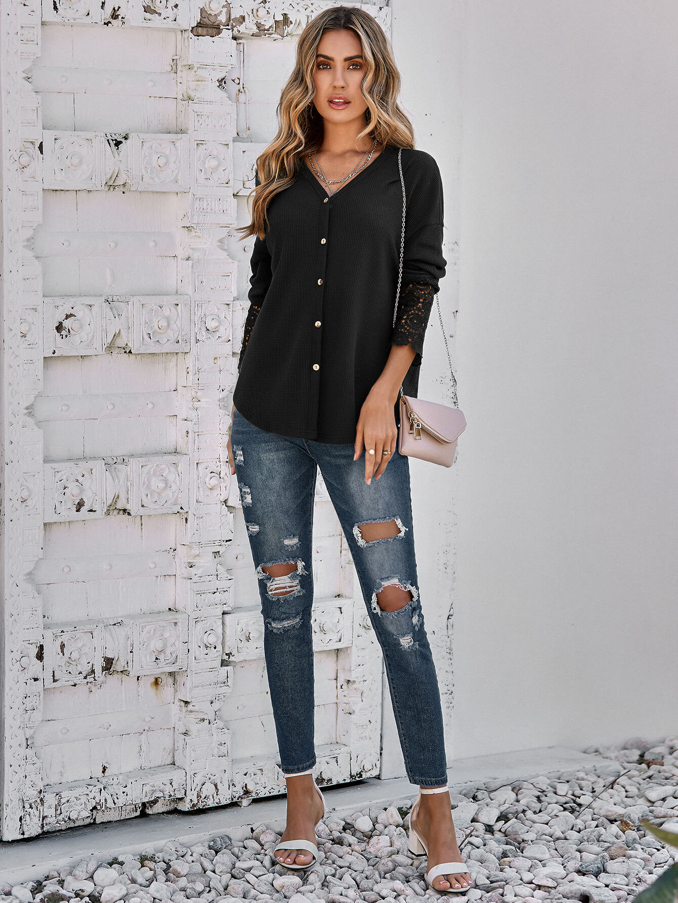 Spliced Lace Long Sleeve Waffle-Knit Top