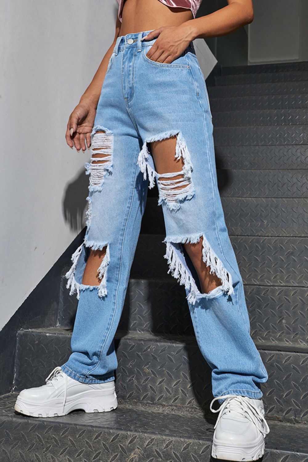 High-Rise Waist Distressed Straight Leg Jeans