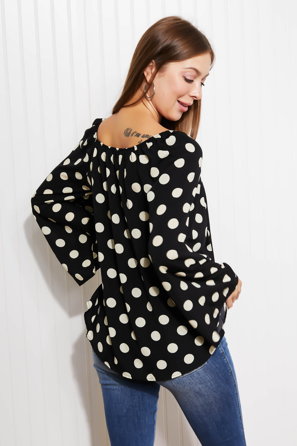 CY Fashion Polka Dot Party Full Size Bell Sleeve Blouse